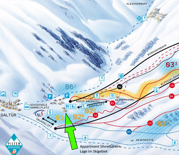 Lage des Appartment Silvrettahorn im Skigebiet Silvapark Galtür Tirol